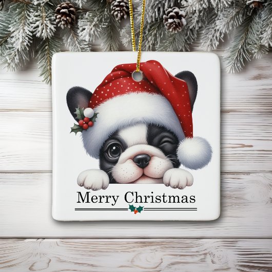 Santa Hat Winking French Bulldog Puppy Christmas Keramikornament