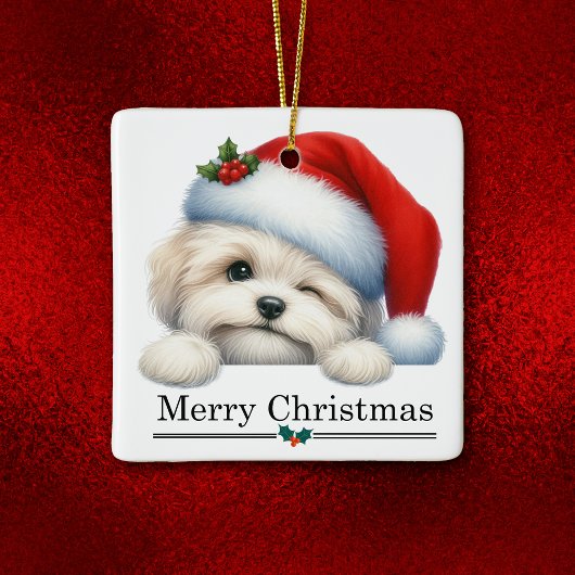 Santa Hat Winking Havanese Puppy Christmas Keramikornament