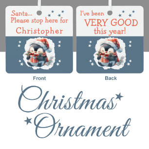 Santa hier anhalten Name süßer Pinguin grau Ornament Aus Metall