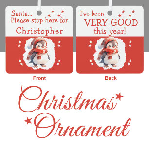 Santa hier anhalten Name süßer Pinguin rot Ornament Aus Metall