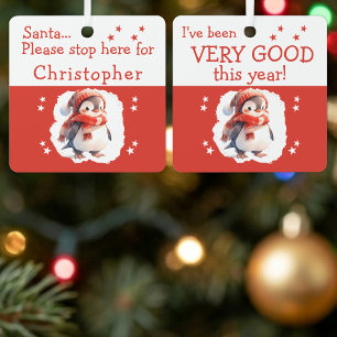 Santa hier anhalten Name süßer Pinguin rot Ornament Aus Metall