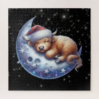 Santa Highland Kuh Schlafen auf dem Mond Puzzle