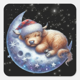 Santa Highland Kuh Schlafen auf dem Mond Quadratischer Aufkleber