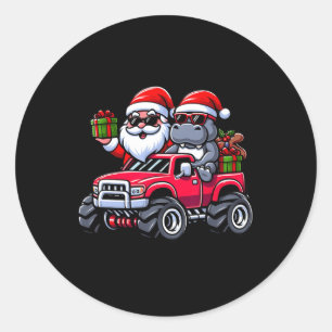 Santa Hippopotamus Reiten Monster Truck Weihnachte Runder Aufkleber