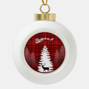 Santa-Hirsch-Weihnachtsbaum rot kariert Keramik Kugel-Ornament