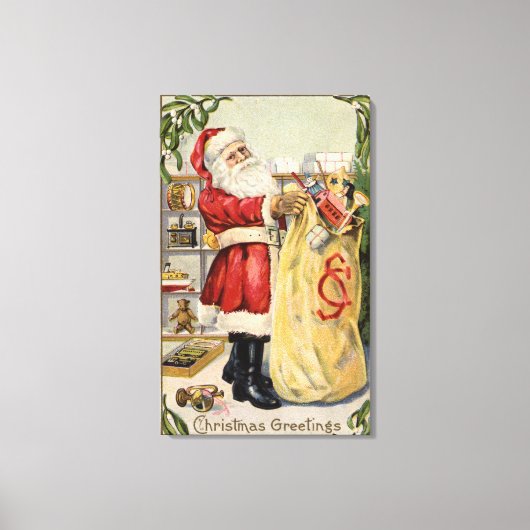 Santa Holding a Überlauftasche of Toys Leinwanddruck (Vorderseite)