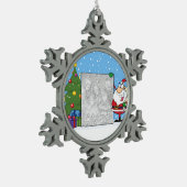 Santa Holding Foto Schneeflocken Zinn-Ornament (Links)