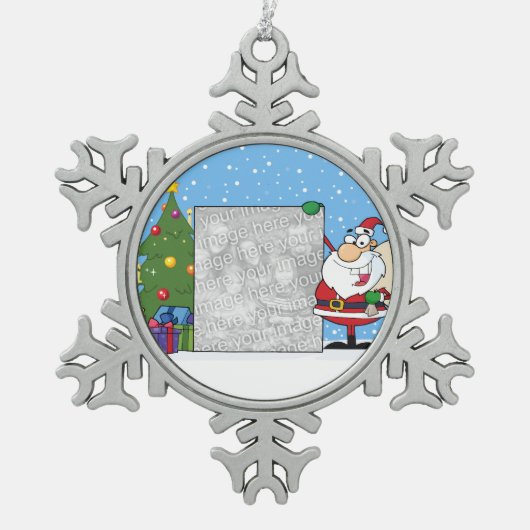 Santa Holding Foto Schneeflocken Zinn-Ornament (Vorderseite)