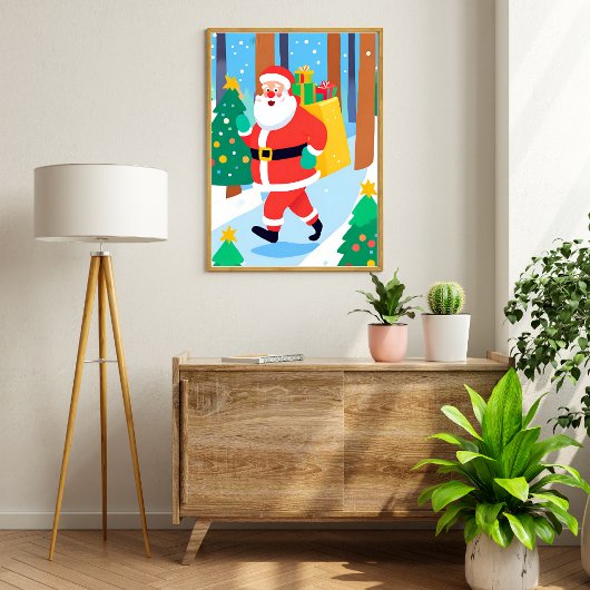 Santa Holding Presents Wall Art Drawing Poster