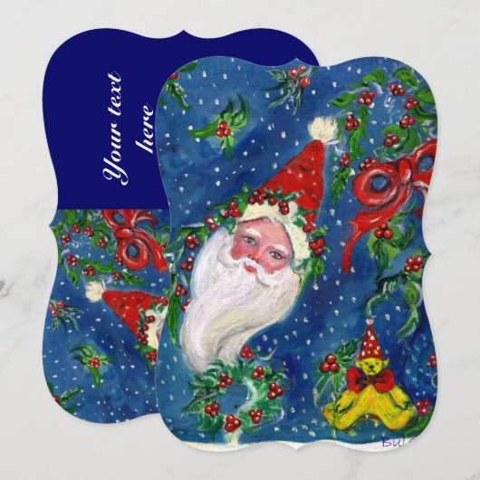 SANTA,HOLLYBERRIES,KROWNE,CHRISTMAS PARTY Red Blue Einladung (Vorne/Hinten)