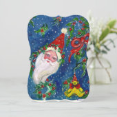 SANTA,HOLLYBERRIES,KROWNE,CHRISTMAS PARTY Red Blue Einladung (Stehend Vorderseite)