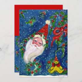 SANTA, HOLLYBERRY CROWNS, CHRISTMAS PARTY Red Blue Einladung