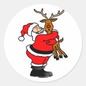 Santa Hugging Rentier Runder Aufkleber (Vorderseite)