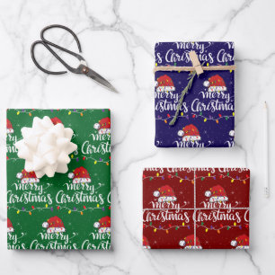 Santa Hut Merry Christmas Lichter Xmas Familie Grü Geschenkpapier Set