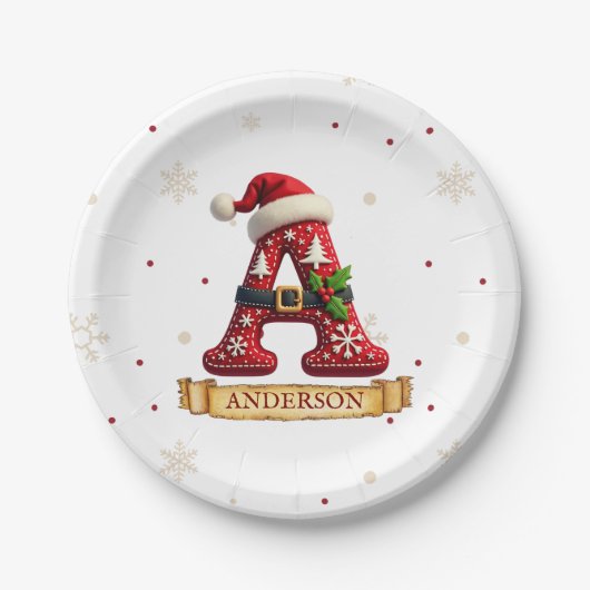 Santa Hut Weihnachtsmann Rot Buchstabe A Name Pappteller (Vorderseite)