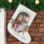 Santa I Liebe You Holly Pine Lozenge Form Foto Großer Weihnachtsstrumpf<br><div class="desc">Spaß Weihnachten Foto Strumpf mit individuellem Foto und personalisierte Nachricht an den Weihnachtsmann,  oder Sie könnten Ihren Namen hinzufügen. Ihr Foto wird in 16:9-Porträtformat angezeigt und die Fotomodelle wird automatisch in einer pilzförmigen,  abgerundeten Lozenge-Form angezeigt. Weitere Designs und Geschenkideen finden Sie in meiner Kollektion Rounded Lozenge Foto Collage .</div>