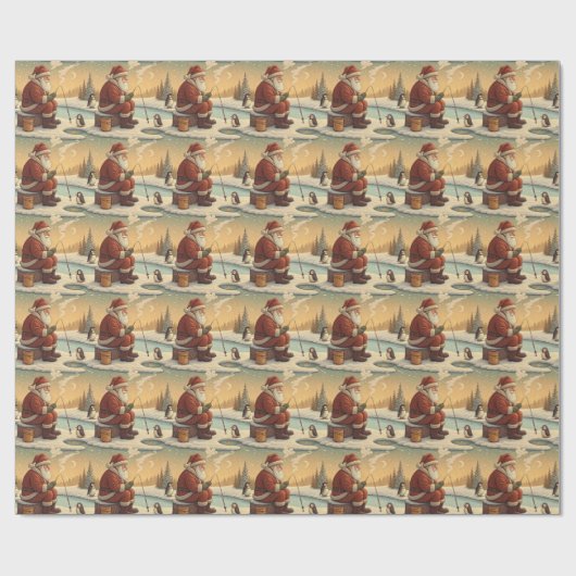 Santa Ice Fishing with Penguins Winter Scene Geschenkpapier (Flach)