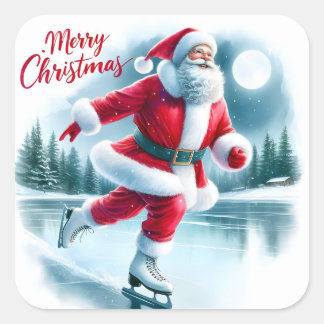 Santa Ice Skate im Winter Wunderland Quadratischer Aufkleber