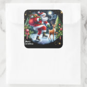 Santa Ice Skate mit Rentier nachts Quadratischer Aufkleber (Tasche)