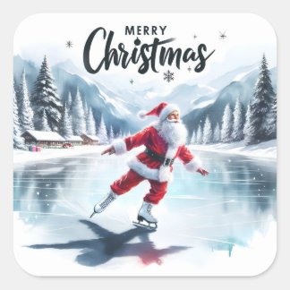 Santa Ice Skaten im Winter Wunderland Quadratischer Aufkleber