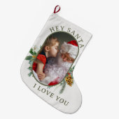 Santa ich liebe dich Holly Pine Lozenge Form Foto Großer Weihnachtsstrumpf (Vorderansicht (hängend))