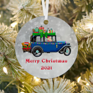 Santa im blauen Auto Weihnachtsschmuck Kinder 