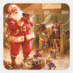 Santa im Rentierstall Quadratischer Aufkleber