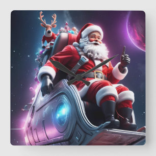 Santa im Weltraum   Eine futuristische Weihnachts- Quadratische Wanduhr
