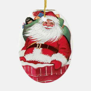 Santa in a Chimney Vintag Illustration Keramik Ornament