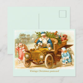 Santa in Auto mit Engeln spielen. Christmas Postkarte