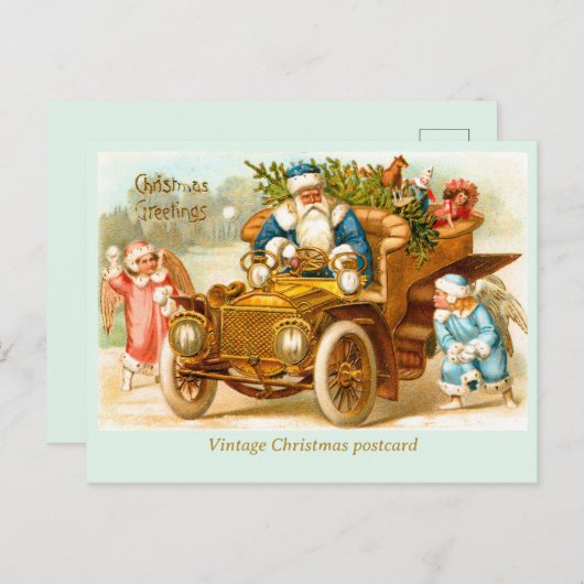 Santa in Auto mit Engeln spielen. Christmas Postkarte (Vorne/Hinten)