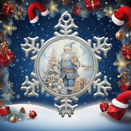 Santa in Blue mit Gold Geschenke Winter Schneeflocken Zinn-Ornament