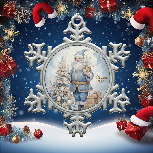 Santa in Blue mit Gold Geschenke Winter Schneeflocken Zinn-Ornament