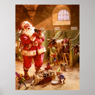 Santa in der Reindeer-Scheune Poster