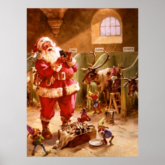 Santa in der Reindeer-Scheune Poster (Vorne)