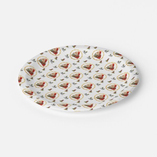 Santa in einem Goldkranz mit Weihnachtselementen Pappteller (Schrägansicht)