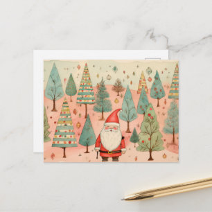 Santa in einem Weihnachtsbaumwald Postkarte