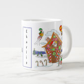 Santa in Gingerbret Haus mit Elfen farbenfroh Jumbo-Tasse (Vorderseite Rechts)
