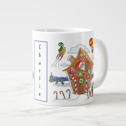 Santa in Gingerbret Haus mit Elfen farbenfroh Jumbo-Tasse (Vorderseite Rechts)