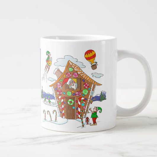Santa in Gingerbret Haus mit Elfen farbenfroh Jumbo-Tasse (Rechts)