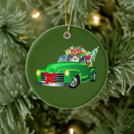 Santa in Green Lieferwagen Truck Keramik Ornament