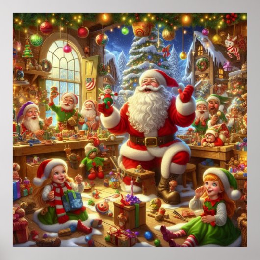Santa in His Christmas Workshop With Toys Wall Poster (Vorne)