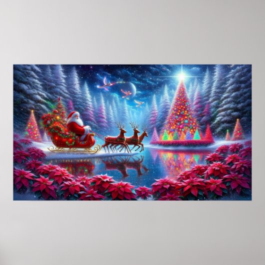 Santa in His Sleigh on Poinsettia Pond Wall Poster (Vorne)