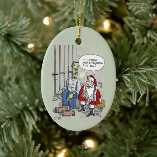 Santa In Jail oval ceramic ornament (Baum)