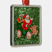 Santa in Peppermint Candy Car Green Imitate Glitze Silbernes Ornament (Rechts)