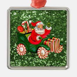 Santa in Peppermint Candy Car Green Imitate Glitze Silbernes Ornament