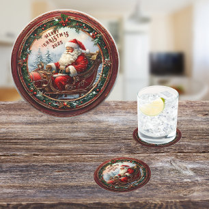 Santa in seinem Schlitten Runder Pappuntersetzer