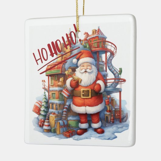 Santa in seiner Spielzeugfabrik Keramikornament (Links)