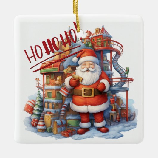 Santa in seiner Spielzeugfabrik Keramikornament (Vorderseite)