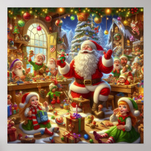 Santa in seiner Weihnachtswerkstatt mit Spielzeug  Poster